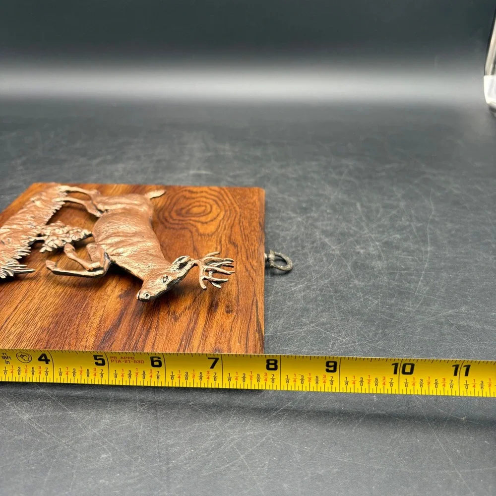 Vtg Set of 2 A&F Canada 3D Leaping Buck Deer Plaques Copper Tone Wood 1330LB